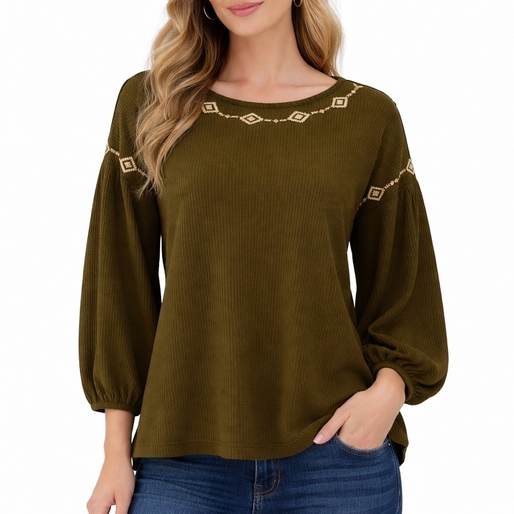 CRUEL DENIM Olive Green Western Aztec Embroidered Waffle Ribbed Blouse